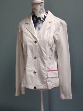Spanner White Cotton Summer unlined Blazer with Pink Trim, Size 2